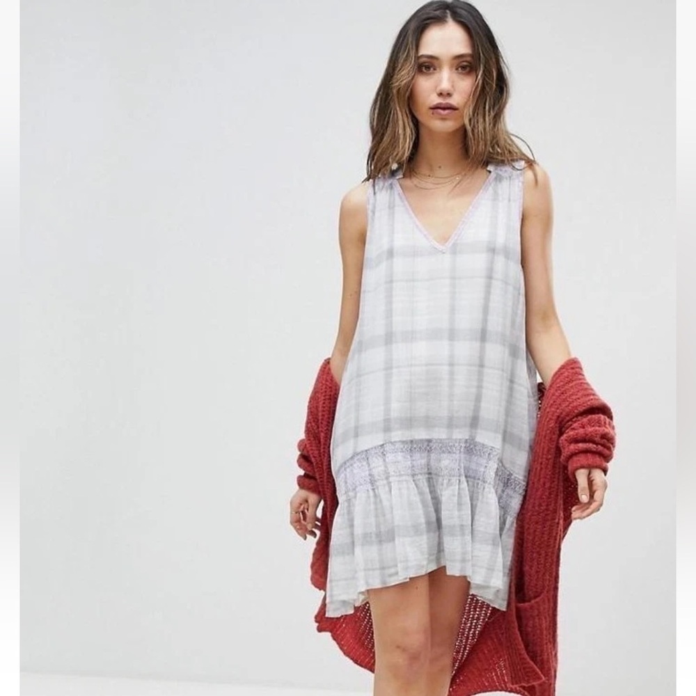 Free People Run With Me Plaid Grey Embroidered Mini Dress